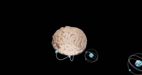 Floating 3d brain with orbiting atom nodes on black background