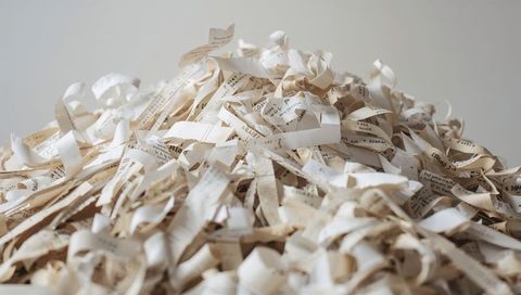 Tangled shredded paper pile with printed text strips, closeup texture and neutral tone