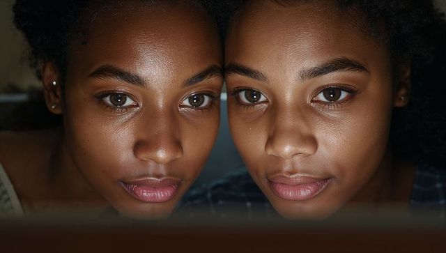 Teenage sisters leaning toward screen, gazing in soft glow, closeup sibling connection