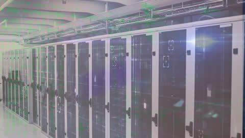 Digital Interface in Modern Server Room with Data Processing Effects