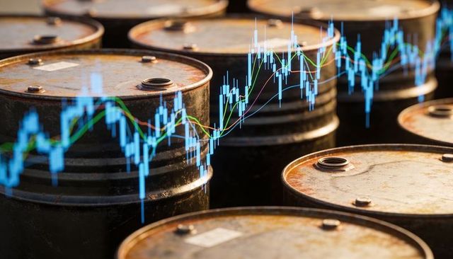 Rusty oil barrels with market chart overlay representing crude oil price volatility