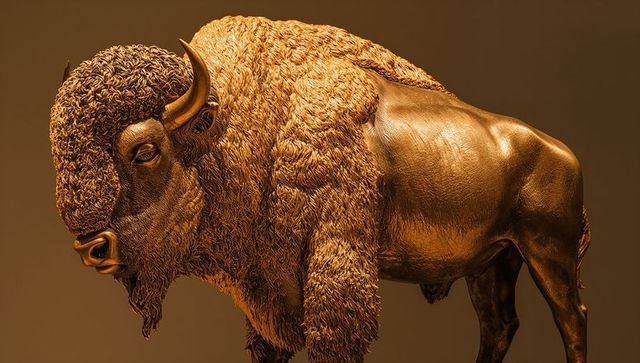 Bronze bison sculpture filling frame, highlighting textured fur, horns, muscles, warm light