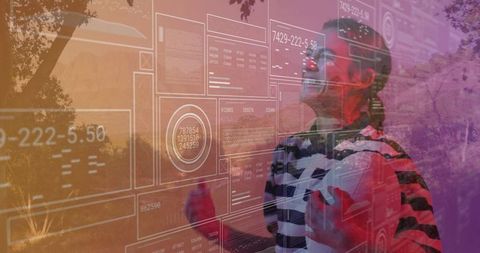 Woman Engaging with Futuristic Interface Outdoors in VR Experience