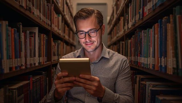 Young man reading tablet in quiet library aisle with warm glow and wearing glasses