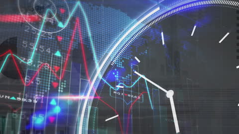 Digital Clock Overlapping Financial Data and Graphs