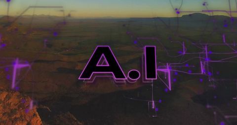 Hovering neon a.i logotype over desert network at sunrise