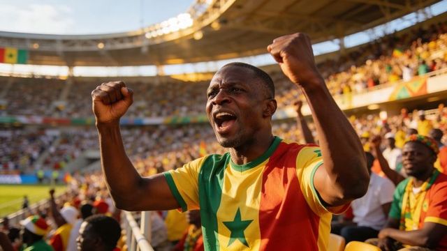 Fan cheering with raised fists wearing tri-color jersey and green star in packed stadium