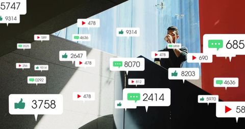 Urban influencer sipping coffee on stair landing amid social media engagement icons