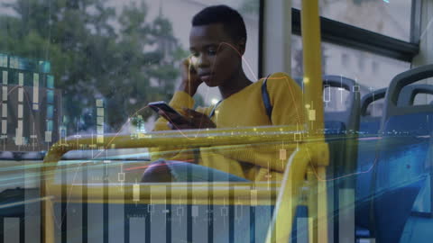 Data Technology Overlay on Woman Using Smartphone on Bus