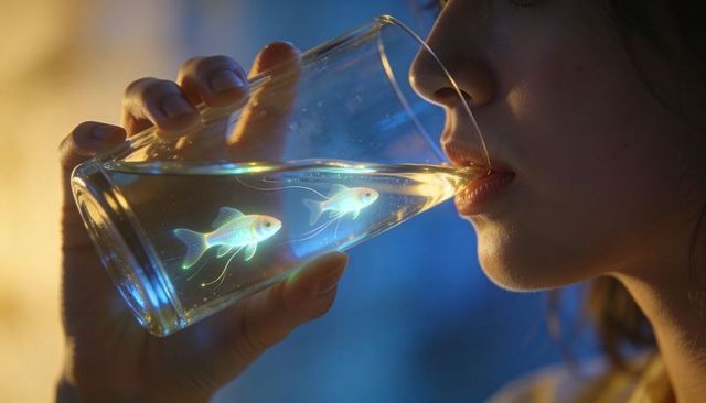 Adult female drinking from glass containing glowing bioluminescent fish dreamlike closeup