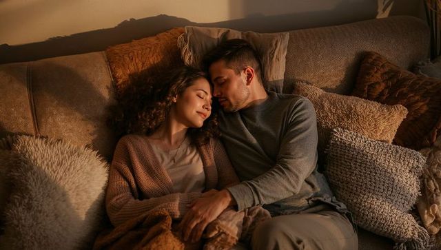 Young couple relaxing and cuddling on cozy sofa at sunset with textured pillows and knit blanket