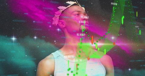 African American Man with Digital Graph Featuring Futuristic Technology