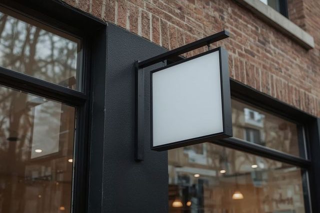 Blank square sign on brick storefront with urban local vibe