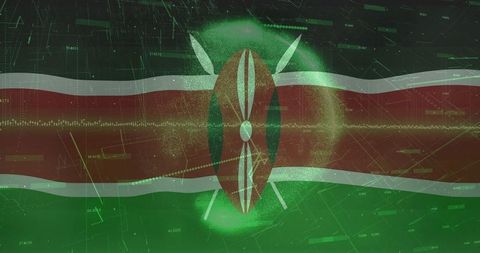 Kenyan Flag Background with Maasi Shield and Futuristic Digital Network
