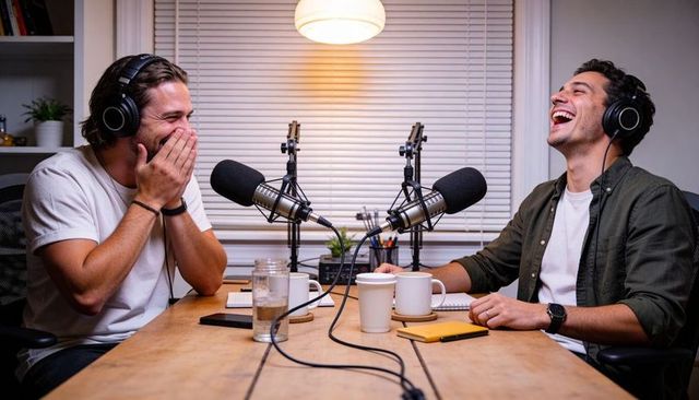 Two male podcasters laughing during casual home studio recording session with microphones