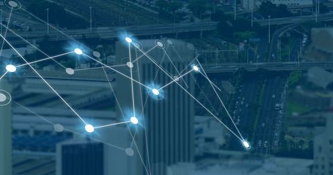 Digital networking connections over urban cityscape