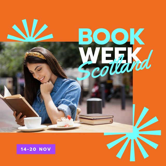 Young woman sitting at outdoor cafe table, reading book and enjoying coffee. Book Week Scotland theme promotes literacy and reading culture. Perfect for promoting reading events, book clubs, and literacy campaigns.