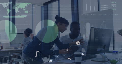 This visual showcases a dynamic team of professionals working closely with data analytics. Projecting animated digital graphs and data insights over modern office setting, it highlights collaboration and innovative technology essential in today's business environment. Suitable for illustrating concepts related to teamwork, data-driven decision-making, corporate growth, or finance and technology integration across digital and print media.