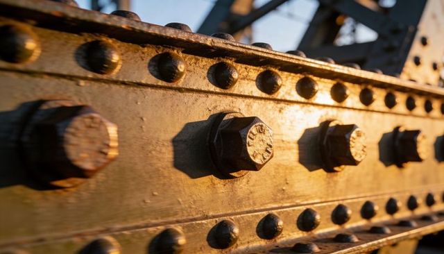Sunlit steel bridge showing rusted hex bolts and rivets, textured patina and long shadows