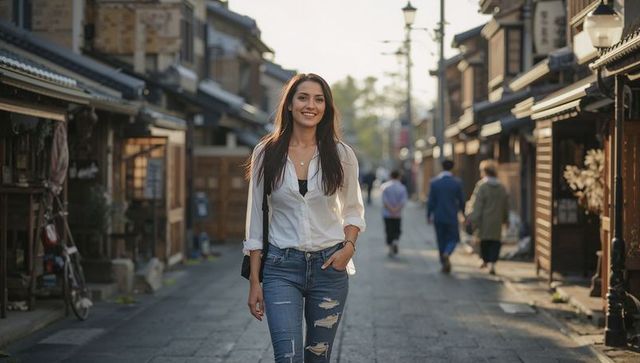 Smiling woman walking down sunlit traditional wooden shopping street in casual outfit