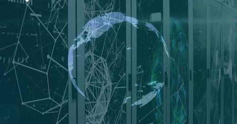 Futuristic Holographic Globe Overlaying Data Center Server Racks