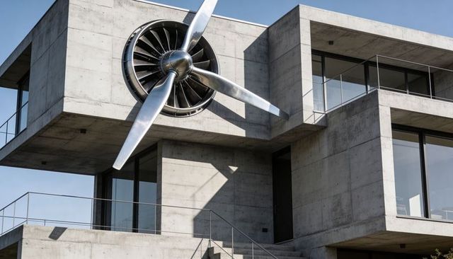 Brutalist concrete house featuring oversized aircraft propeller and glass terraces