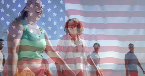 Patriotic Celebration: Diverse Friends Walking on Beach with USA Flag Overlay