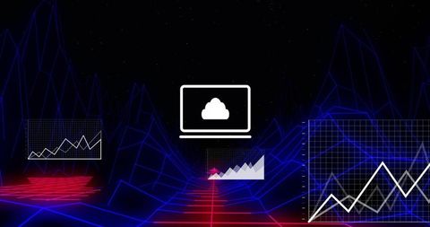 Cloud Analytics Visualized on Neon Grid with Futuristic Data Mountains and Trend Charts