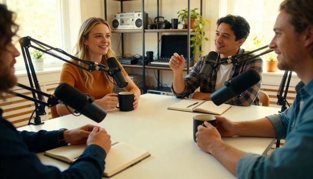 Recording four-person conversational podcast around table with microphones, coffee, notebooks
