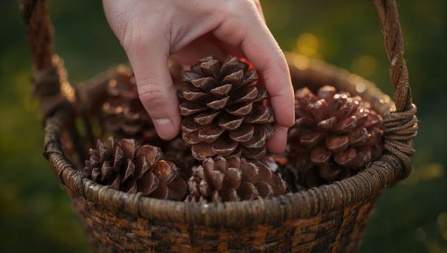 Hand picking pinecone from wicker basket rustic autumn harvest closeup with warm bokeh