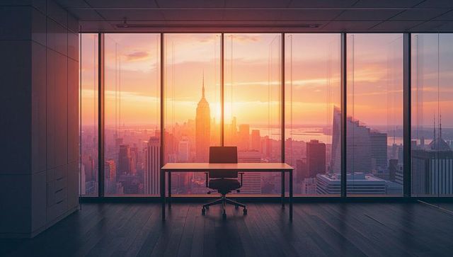 Luxury office with stunning sunset urban skyline view