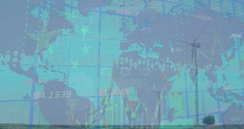 Global financial data overlaid on wind turbines and world map with china flag