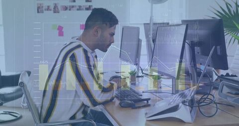 Young man analyzing data dashboards on multi-monitor workstation in modern office
