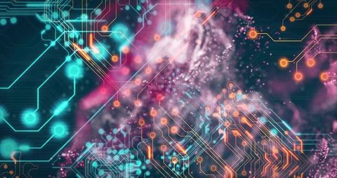 Futuristic Digital Circuitry with Glowing Nodes and Abstract Lights