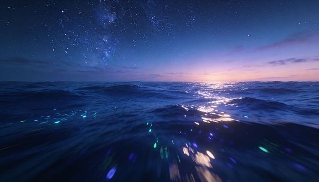 Bioluminescent ocean under milky way at dusk glowing waves and sunset reflection