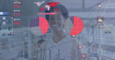 Confident Data Analyst in Modern Office with Analytics Graphics