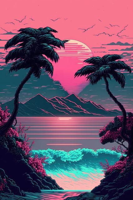 This image shows a surreal neon tropical paradise at sunset, featuring vibrant pink skies and bright blue ocean waves. Palm trees frame the scenery while mountains are silhouetted in the background. Perfect for use in projects related to travel, fantasy art, exotic destinations, and vibrant graphic designs.
