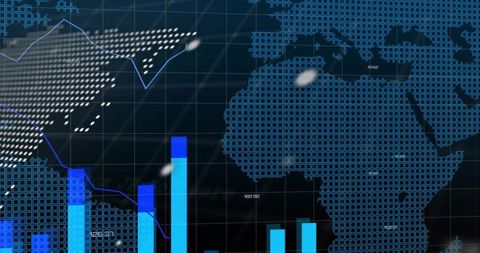 Displaying dotted africa map with cyan bar charts and light blue trend lines on grid
