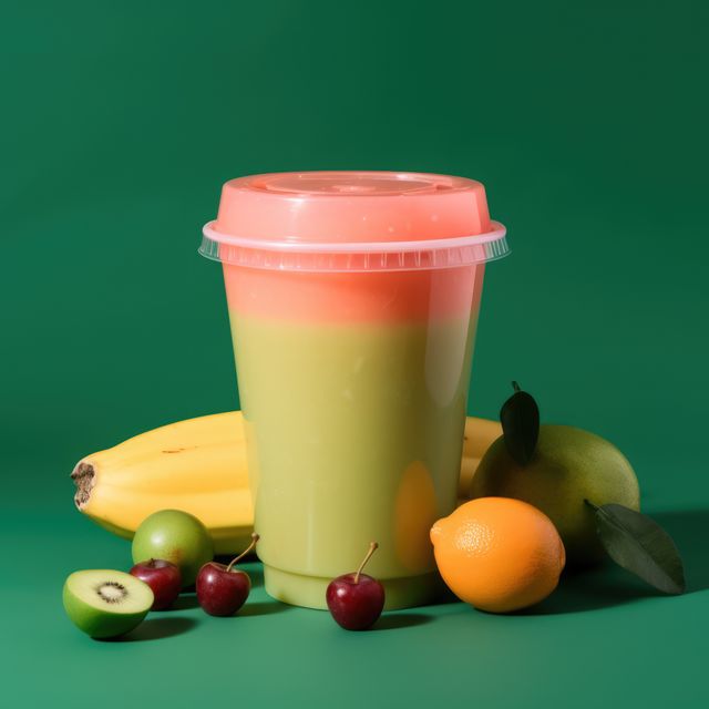 Fruit smoothie and fresh fruit on green background, created using generative ai technology. Fruit smoothie, food and drink, healthy eating concept digitally generated image.