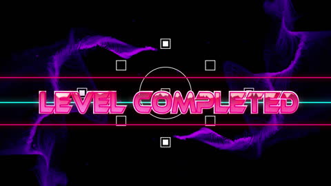 Retro Level Completed Display with Futuristic Digital Waves