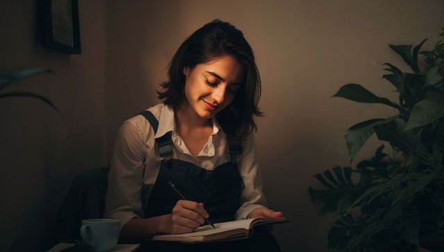 Young woman writing in notebook at cozy desk with houseplant and warm ambient light
