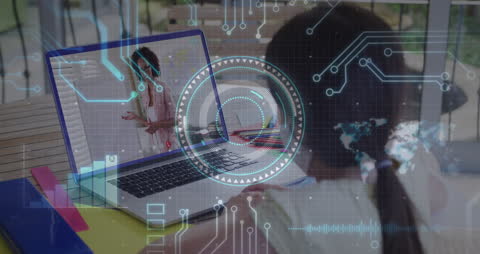 Girl Engaging in Virtual Classroom with Advanced Tech Overlay