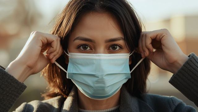 Young woman adjusting surgical mask on urban street closeup portrait showing safety habit