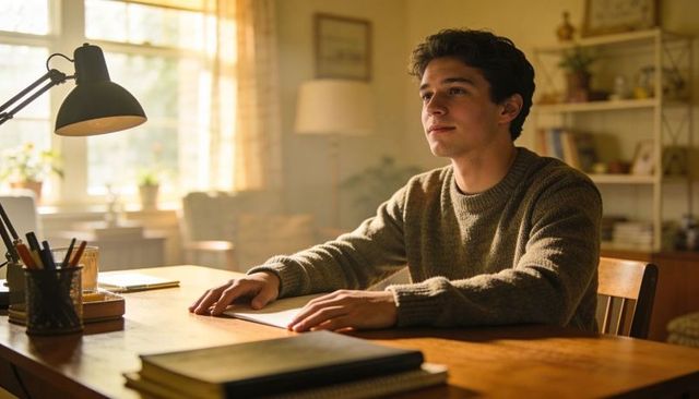 Young man studying at cozy sunlit wooden desk with lamp and notebooks for remote learning