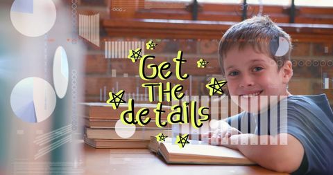 Young Boy Enjoying Reading in Classroom with Graphic Overlay