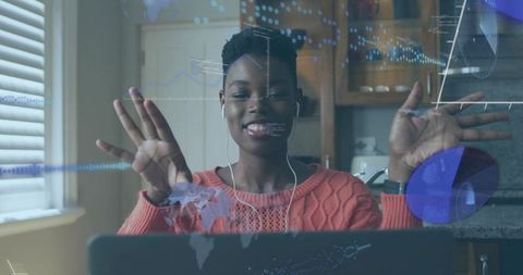 Remote worker interacting with virtual data overlays during video meeting and analytics