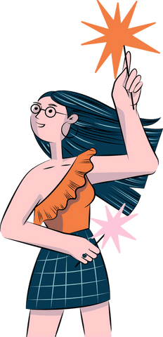 Stylized woman holding orange and pink star wands, transparent background