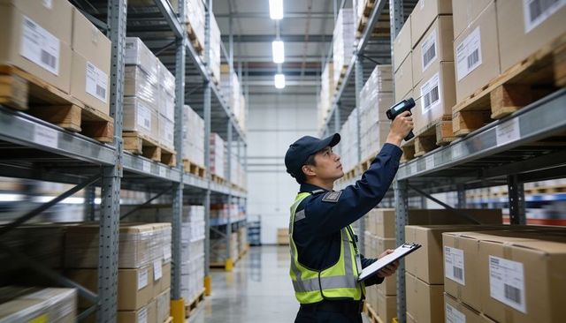Warehouse clerk scanning boxes with handheld scanner while recording inventory on clipboard
