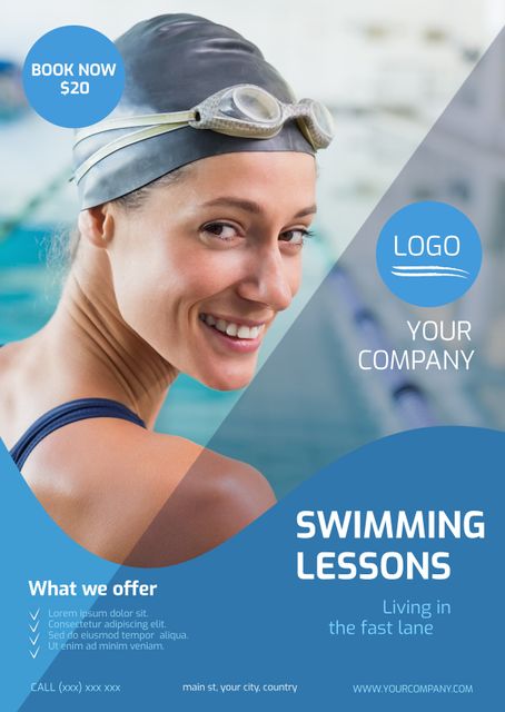 Smiling Woman Promoting Swimming Lessons With Goggles On - Download Free Stock Templates Pikwizard.com