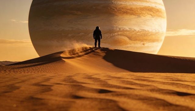 Astronaut silhouette standing on sand dune at sunset with massive gas giant overhead